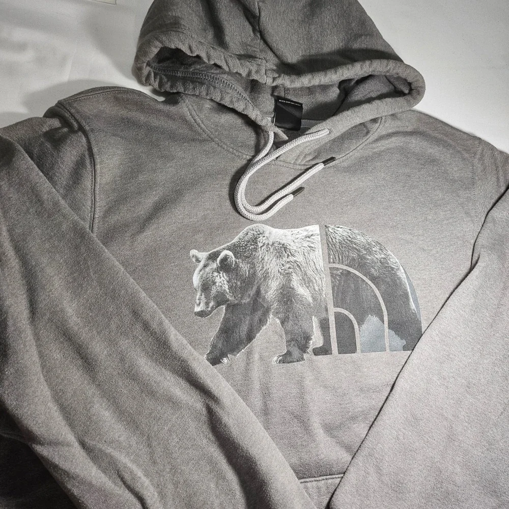 The North Face Mens XL Grizzly Bear Logo Graphic Pullover Hoodie Brown Gray